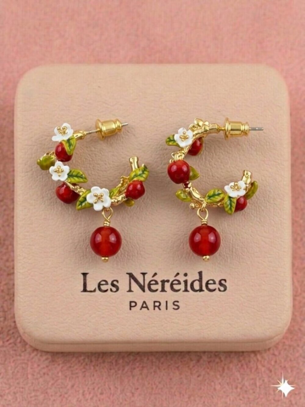 LES NEREIDES Apple Blossom Hoop Earrings Red Gold Floral